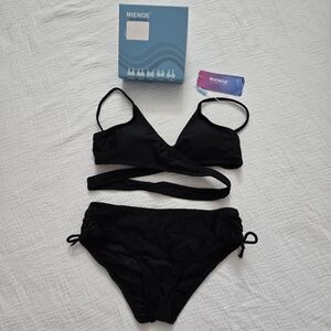 MIENOE Women's Black Ruched Sides Criss-cross Wrap Bikini Set